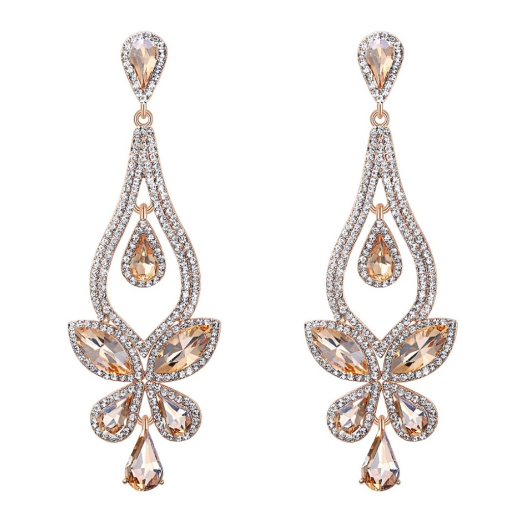 Yellow Gold & Champagne Austrian Crystal Butterfly Post Back Chandelier Earrings